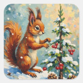 Vintage Red Squirrel Pine Tree Christmas スクエアシール (正面)