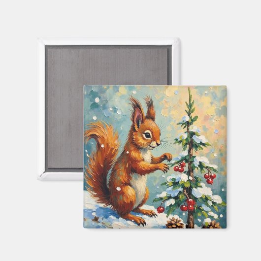 Vintage Red Squirrel Pine Tree Christmas マグネット (正面/裏面)