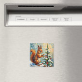Vintage Red Squirrel Pine Tree Christmas マグネット (インサイチュ (食洗機))