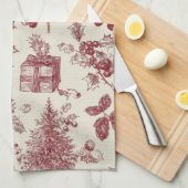 Vintage Red Toile Christmas Botanical - Holly キッチンタオル (四つ折り)