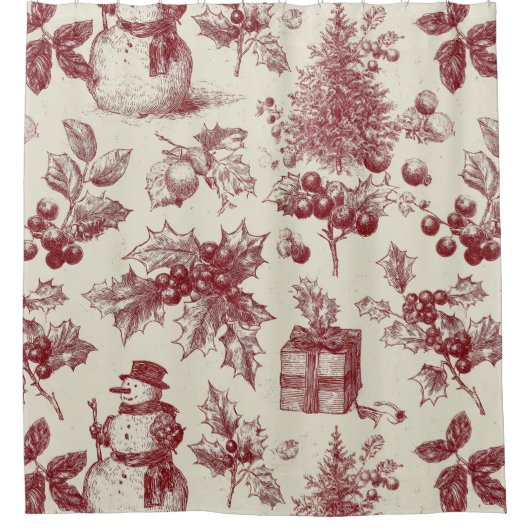 Vintage Red Toile Christmas Botanical - Holly シャワーカーテン (正面)