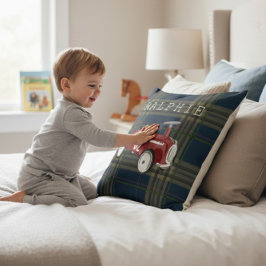 Vintage Red Toy Car Plaid Nursery Name Throw クッション