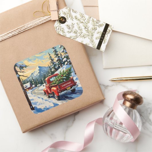 Vintage Red Truck Carrying Christmas Tree スクエアシール (ギフト)