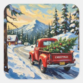 Vintage Red Truck Carrying Christmas Tree スクエアシール (正面)