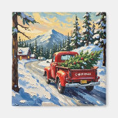 Vintage Red Truck Carrying Christmas Tree マグネット (正面)