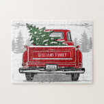 Vintage Red Truck Christmas Tree Name Rustic ジグソーパズル<br><div class="desc">Gather round with your family and put together this jigsaw puzzle perfect for anyone who loves trucks. This design features a vintage red truck carrying a freshly cut green Christmas tree in a snowy scene with pine trees on a background of white and gray weathered wood. Personalize with your name...</div>