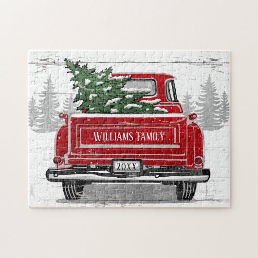 Vintage Red Truck Christmas Tree Name Rustic ジグソーパズル (横)
