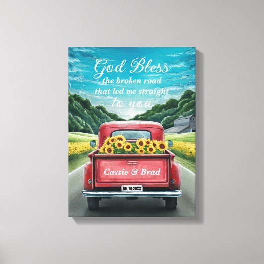 Vintage Red Truck Sunflowers Romantic Anniversary キャンバスプリント (正面)