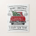 Vintage Red Truck with Christmas Tree Family Name ジグソーパズル<br><div class="desc">Get together with your family to make this rustic themed jigsaw puzzle. This design features a vintage red truck with Christmas tree on a white weathered wood background with pine trees. The black typography reads "Merry Christmas & Happy New Year!" The back of the truck has your family name and...</div>