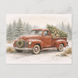 Vintage Red Watercolor Christmas Truck with Tree シーズンポストカード