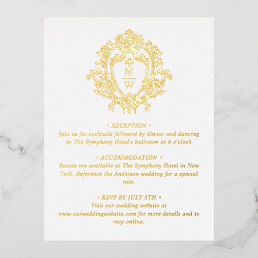 Vintage Regency Monogram Crest Wedding Detail Card 箔招待状ポストカード (正面)