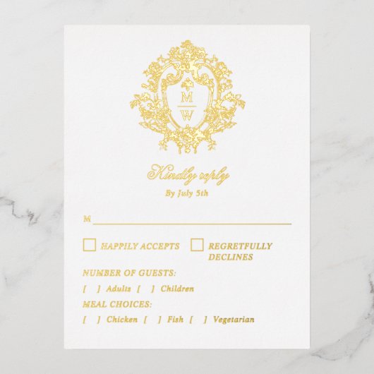 Vintage Regency Monogram Crest Wedding RSVP Card 箔招待状ポストカード (正面)