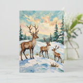 Vintage Reindeer Family Winter Meadow Painting シーズンカード (スタンド正面)
