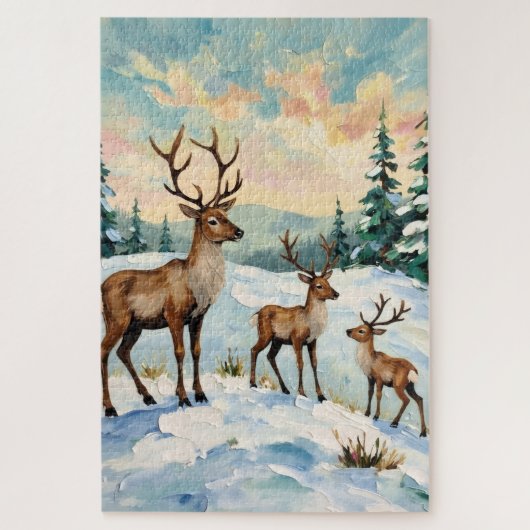 Vintage Reindeer Family Winter Meadow Painting ジグソーパズル (縦)