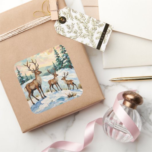 Vintage Reindeer Family Winter Meadow Painting スクエアシール (ギフト)