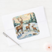 Vintage Reindeer Family Winter Meadow Painting スクエアシール (封筒)