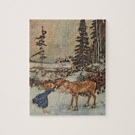 Vintage Reindeer Girl Winter Snow Scene Poster ジグソーパズル (縦)
