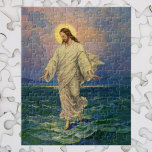 Vintage Religion, Jesus Christ is Walking on Water ジグソーパズル<br><div class="desc">Vintage illustration religious Christianity design featuring one of the miracles of Jesus in the New Testament, Jesus Christ walking on water. The young man is wearing a long flowing robe and has a holy halo or aura surrounds his head while he is walking across a sea or ocean with gentle...</div>