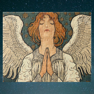 Vintage Religious Angel Praying with Gold Stars ジグソーパズル