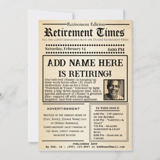 Vintage “Retirement Times” Newspaper Invitation 招待状 (正面)