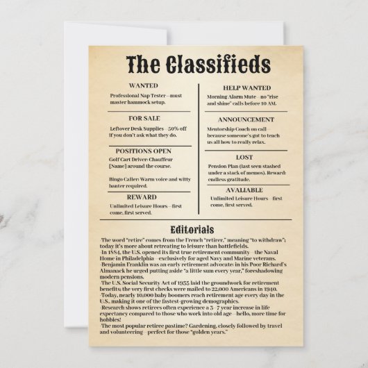 Vintage “Retirement Times” Newspaper Invitation  招待状 (裏面)