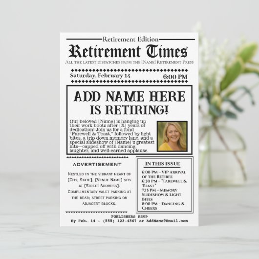 Vintage “Retirement Times” Newspaper Invitation 招待状 (スタンド正面)