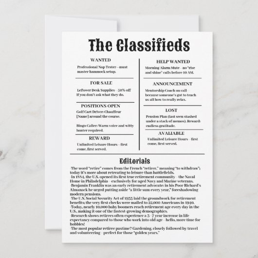 Vintage “Retirement Times” Newspaper Invitation 招待状 (裏面)