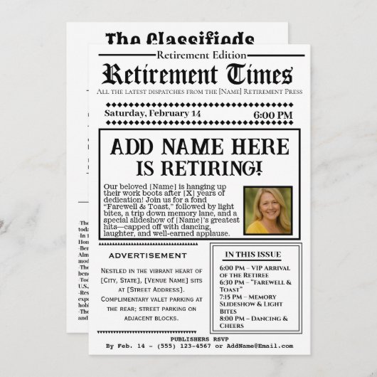 Vintage “Retirement Times” Newspaper Invitation 招待状 (正面/裏面)