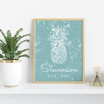 Vintage Retro Beach Pineapple Family Name Print ポスター<br><div class="desc">Adorn the walls of your beach house or coastal abode with this vintage style frameable print featuring your family name and year established in retro typography,  topped by a pineapple illustration. A distressed effect on a coastal dusty teal aqua background gives this piece rustic appeal.</div>