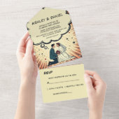 Vintage Retro Bride & Groom Pop Art Comic Wedding オールインワン招待状 (貼ってはがせる)
