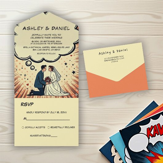 Vintage Retro Bride & Groom Pop Art Comic Wedding オールインワン招待状