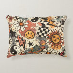 Vintage Retro Celestial Grunge Pattern アクセントクッション<br><div class="desc">This vintage, retro seamless pattern features a curated collection of celestial, grunge elements including iconic yin, yang, and radiant sun, and classic smiley, face motifs. The design is grounded in an earthy color palette of muted creams, burnt oranges, and deep teals, all tied together with a heavily distressed, weathered texture....</div>