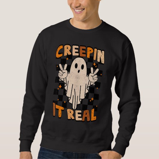 Vintage Retro Checkered Spooky Ghost  Halloween スウェットシャツ (正面)
