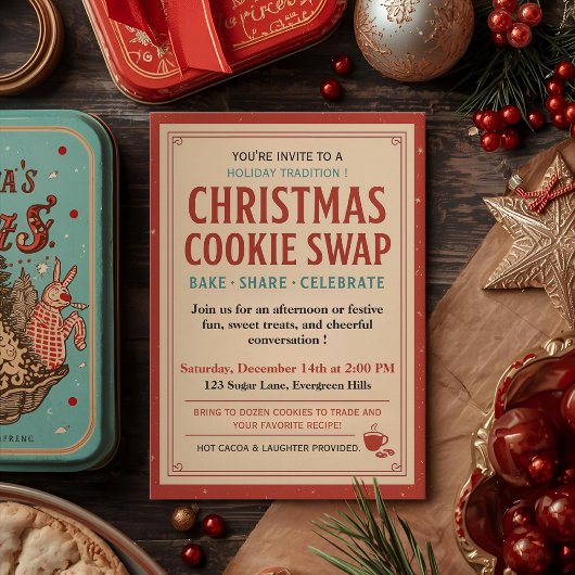 Vintage Retro Christmas Cookie Swap 招待状