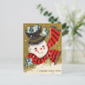 Vintage Retro Christmas Snowman Winter Scene Holid ポストカード (スタンド正面)