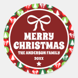 Vintage Retro Christmas Trees and Bows Ornament ラウンドシール