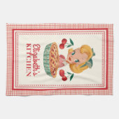 Vintage Retro Girl Red Cherry Gingham キッチンタオル (横)