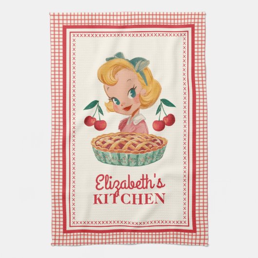 Vintage Retro Girl Red Cherry Gingham キッチンタオル (縦)