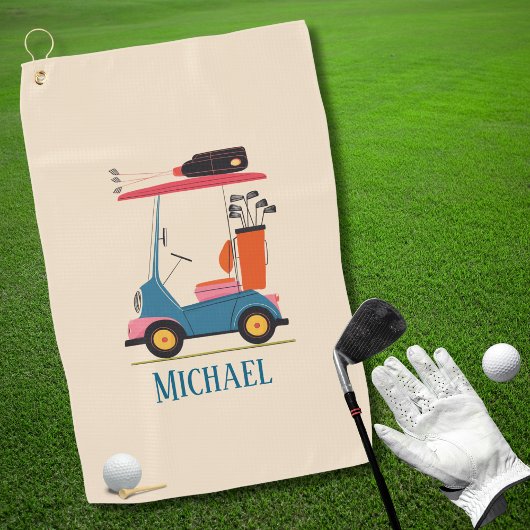 Vintage Retro Golf Cart Cute Blue Monogrammed ゴルフタオル