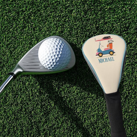Vintage Retro Golf Cart Cute Blue Monogrammed ゴルフヘッドカバー