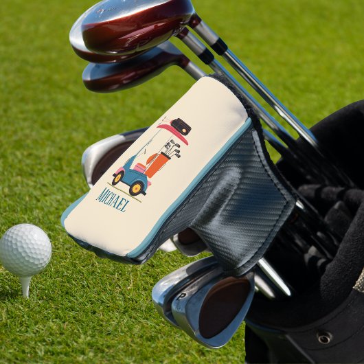 Vintage Retro Golf Cart Cute Blue Monogrammed ゴルフヘッドカバー