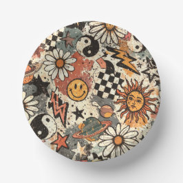 Vintage Retro Grunge: Celestial Sun, Daisy, Smiley ペーパーボウル