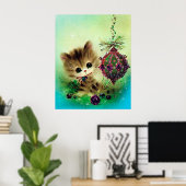 Vintage retro kitty Christmas bulb poster ポスター (ホームオフィス)