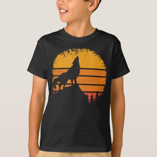 Vintage Retro Mountain Silhouette Wolf Howling Wol Tシャツ (正面)