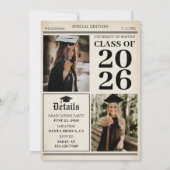 Vintage Retro Newspaper 3 Photos Graduation 招待状 (裏面)