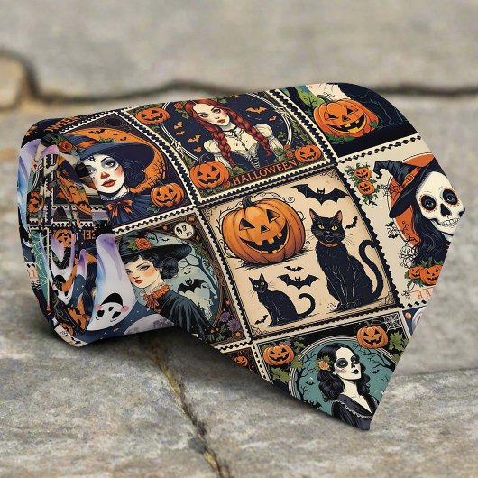 Vintage Retro Pumpkin Witch Halloween Pattern ネクタイ