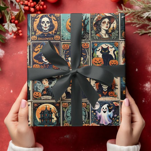 Vintage Retro Pumpkin Witch Halloween Pattern ラッピングペーパー