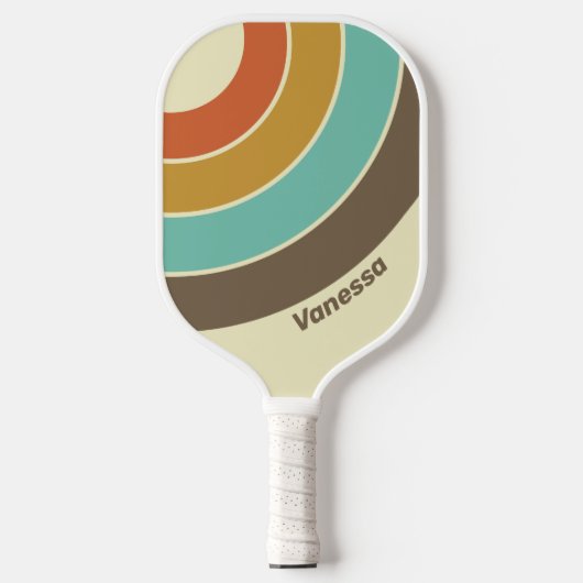 Vintage Retro Rainbow Circle Stripe with Name ピックルボールラケット (正面)