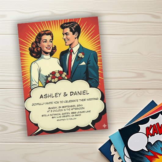 Vintage Retro Romantic Couple Comic Style Wedding 招待状