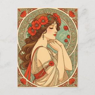 vintage retro romantic woman with red flowers ポストカード